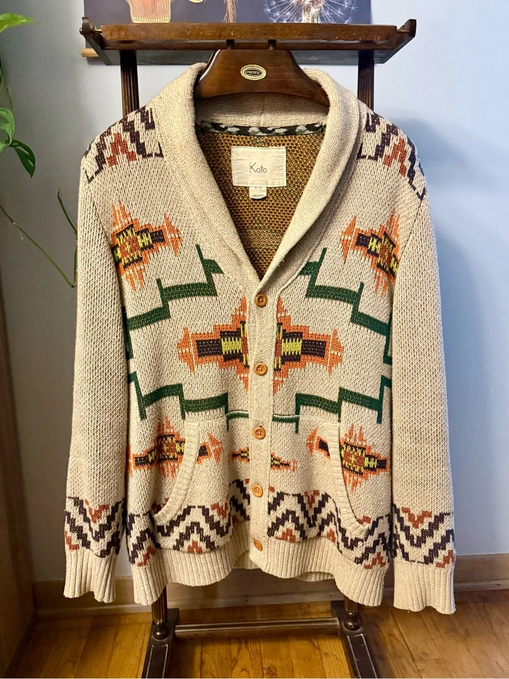 Koto Men's Shawl Collar Cardigan Sweater - Beige with Green & Orange Pattern